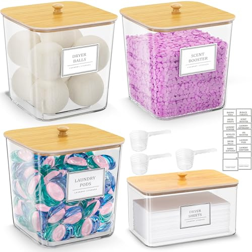 HomePekite Laundry Pods Storage Container, Clear Laundry Room Organization and Storage,Detergent Powder Container,with Wooden Lids & Labels, 3+1 Pack