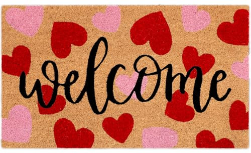 JarThenaAMCS Valentine's Day Natural Coir Doormat Red Pink Love Heart Welcome Floor Mat Non-Slip Entrance Door Rugs for Indoor Outdoor Home Bathroom Decor, 16.5 x 29 Inch