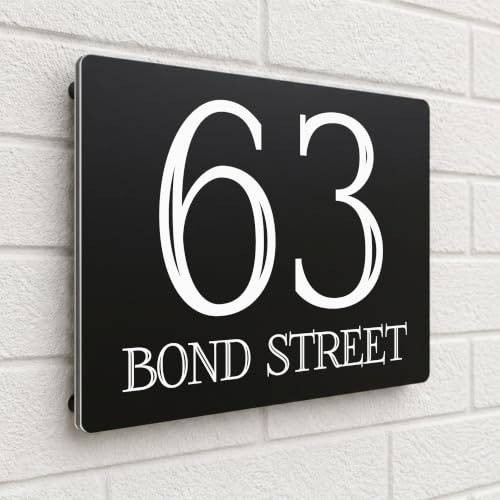 Housics Personalised House Number Plaque, Door Sign, Black, 200mm x 130mm | Custom Number & Street Name Weatherproof UV-Printed Fits Any Wall Gate or Door