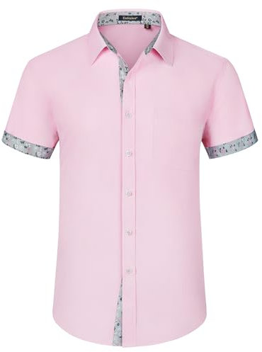 Enlision Mens Short Sleeve Pink Formal Shirt Regular Fit Dress Shirt Button Down Business Casual Shirts L