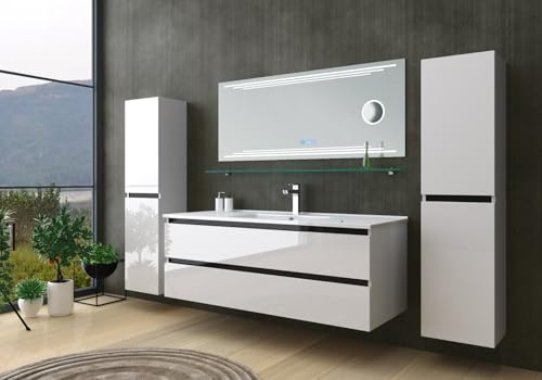 Badmöbel Set Weiß Dennis Hochglanz 120 cm mit 2X Hochschränke Spiegel incl. LED