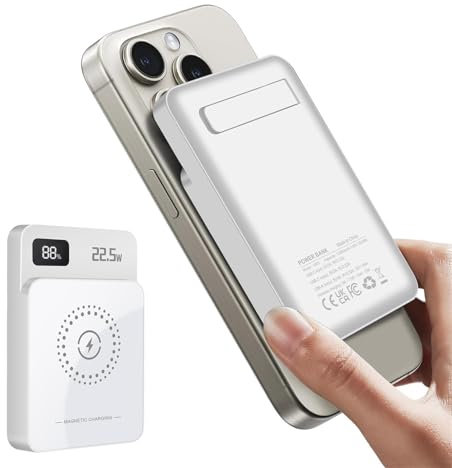 22.5W Power Bank, 10000mAh 15W Magnetic Wireless Powerbank Portable Charger, 20W USB C in&Out External Battery Pack Charging for iPhone 16 15 14 13 12 Pro Max, Samsung/Google/LG/Switch/iPad, White