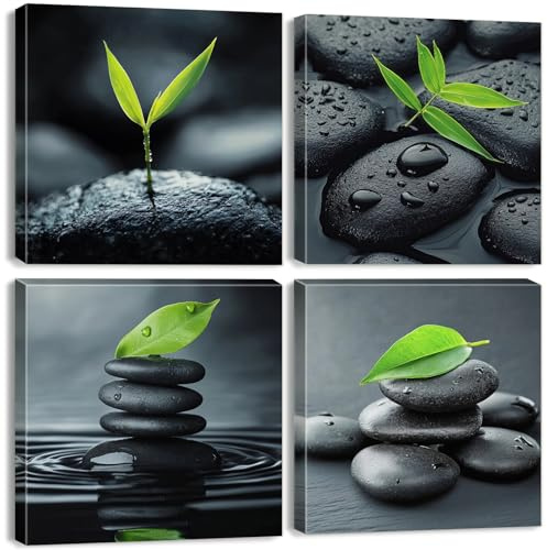 Zen Wall Art Black Pebble Stone in Water Pictures Bathroom Wall Decor Green Plant Bamboo Leaves Prints Living Room Canvas Calming Still Life Modern Artwork Meditation Bedroom Home Decoration 12x12 4P