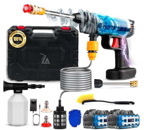 FRENZA® Super Hidrolimpiadora Bateria Premium con 2 Baterias de 7.5 Ah | hidrolimpiadora de bateria 45Bar/652PSI | Press & Clean Pistola Lavado | Pistola de Agua a presión Bateria con Manguera de 5M.