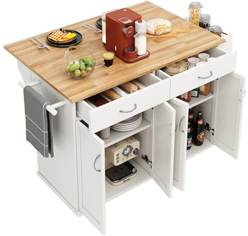 DRIXNO Moderne Kücheninsel (106×50×90.5cm), Küchenschrank, buffetschrank, Speisewagen mit Holzmaserung, buffetschrank, Multifunktionale Esstisch mit Speicherraum, Weiß