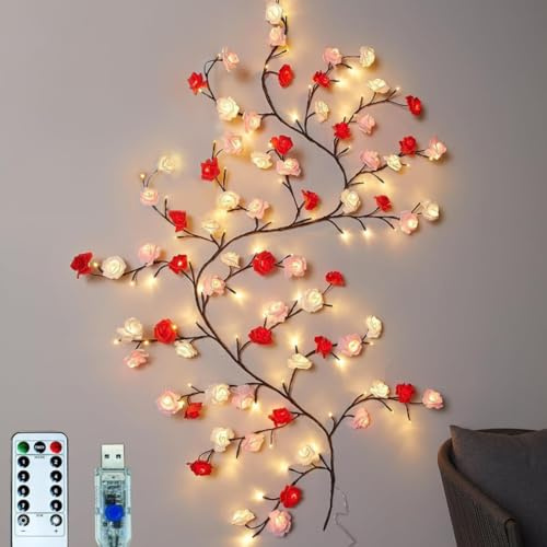 Gresonic 120cm 48 LEDs Lichterkette Rose, deko,Willow Vine mit Fernbedienung, 8 Modi, USB-Betriebene Timer, Rose Zweige Lichter für Schlafzimmer Deko Weinachtsdekorationen