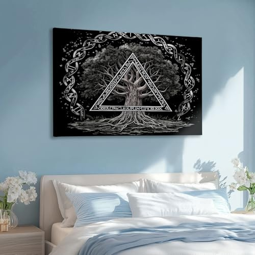 Großes Leinwandbild Wandbild Wikinger Lebensbaum Runenbild auf Leinwand Wandkunst Modern Aesthetic XXL Kunstdruck Deko für Wohnzimmer Schlafzimmer Geschenk 160x80cm