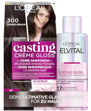 L'Oréal Paris Haar-Glanz Routine: Elvital Glycolic Gloss und L'Oréal Paris Casting Crème Gloss Haarfarbe, Nr. 300 Dunkelbraun (Braun), je 1x