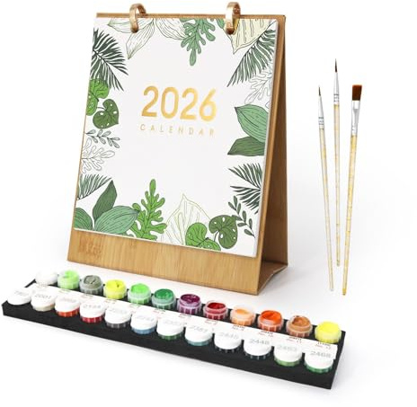 Lebartm Calendrier 2026 - Peinture par numéros - 12 plantes vertes différentes - Fleurs en pot - Peintes à la main - Calendrier de bureau pour la maison et le bureau - Plantes vertes