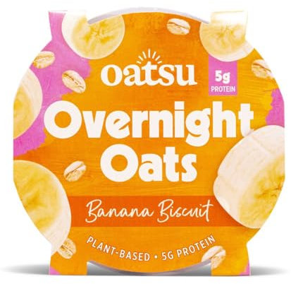 OATSU | Banana Biscuit Overnight Oats | Ready To Eat Plant-Based Protein-Packed Instant Breakfast Cereal | Low-Sugar, Fibre-Rich | Ready-to-Eat Porridge (8 Pots)