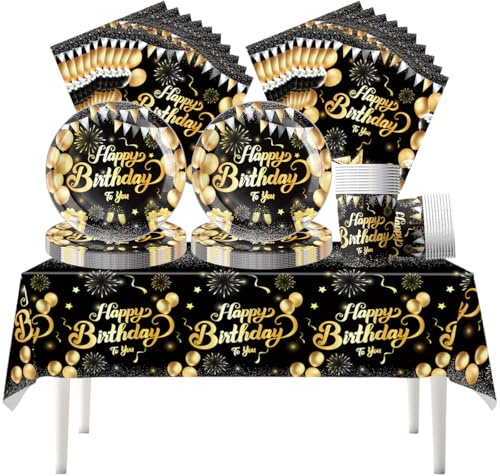 Fuwraixis Vaisselle de fête black gold, 61 pièces Vaisselle d'anniversaire pour enfants, Diamond Ensemble d'assiettes en papier, Serviettes en papier, nappe et gobelets, 20 personne