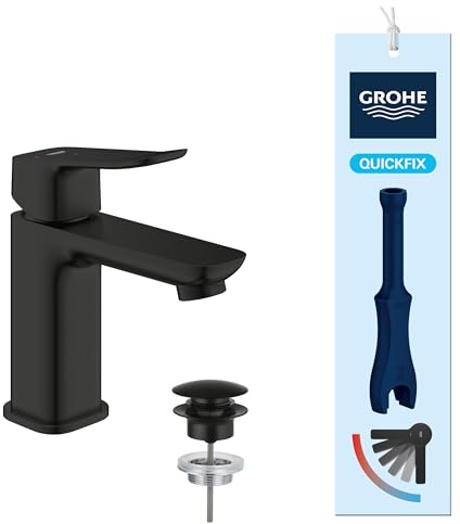 GROHE Dice Mezclador de Lavabo S con Desagüe Push-Open (Cartucho Cerámico 28 mm, Ahorro de Agua y Energía, Conexiones 3/8, Fácil de Instalar QuickTool Incluido), Negro Mate, 1018612430