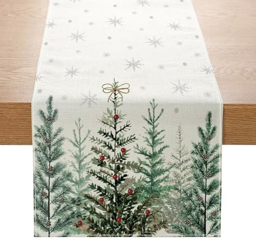 Tischläufer Weihnachten, 33×275 cm Weihnachts Tischläufer Modern, Grün Weihnachtsbaum Weihnachtsläufer Tisch, Tischläufer Winter für Küche Tisch Dekoration, Weihnachtstischdecke Tischdeko