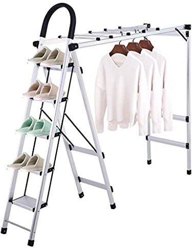 IUokLU Shoe Rack,Clothes Drying Racks,Airer Multifunctional Ladder Type Clothes Drying Rack Foldable Airer Aluminium Shoes Rack Bathroom Towel Rail Coat Hanger Step Home Ladder Space Saving Happy