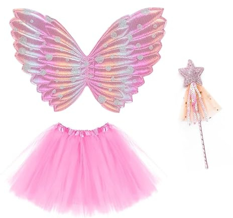 CERCTLA Ensemble de 3 Pièces Deguisement Fee, Fille Papillon Costume de Fée, Ailes Papillon, Baguette Magique, Jupe Tutu, Accessoires pour Noël Carnaval Cosplay Party Fête(Rose)