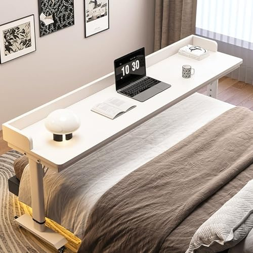 YUGXTH Höhenverstellbarer Betttisch mit Rollen, Krankenhausbetttisch mit Schalldämpfern, Rollbarer Krankenhaus Betttisch, Laptopwagen Aus Holz Fürs Schlafzimmer(Wit,180cm/70.8in)