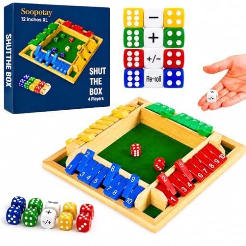 Verbesserte 30CM Shut The Box Spiel für Familienabende, Schule, Partys | Schnelles, unterhaltsames Lern- und Zahlenspiel aus Holz mit 2 Symbolwürfeln, Für 1–4 Spieler