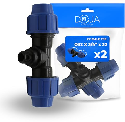 DOJA Barcelona Raccordo a T Maschio a Compressione MDPE - 32x3/4x32 - Pack 2 - Connettore a T per Tubi PE a Innesto Rapido, Ottimo Serraggio, Raccordi a Compressione Anticorrosione per Acqua Potabile