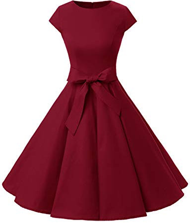 Dressystar Damen Vintage 50er Cap Sleeves Dot Einfarbig Rockabilly Swing Kleider Small, dunkelrot