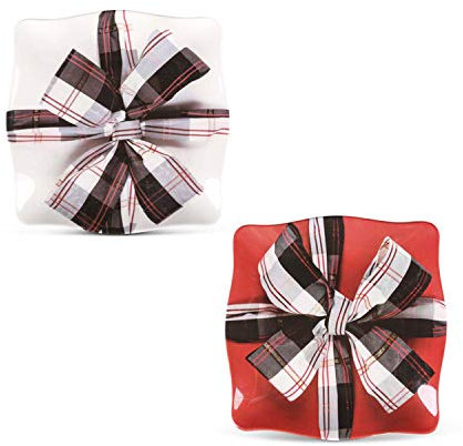 K&K Interiors Assorted 9 Inch Square Present Plates (2 Styles), Red and Black