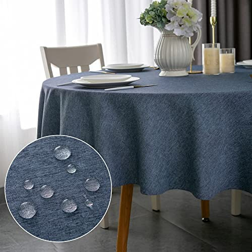 Yeahshion Runde Tischdecke Fleckabweisend Blau Φ150cm, wasserdichte Tischdecke Polyester-Leinen-Optik für Tisch, Esszimmer, Restaurant Schutz (Blau, Φ150cm)