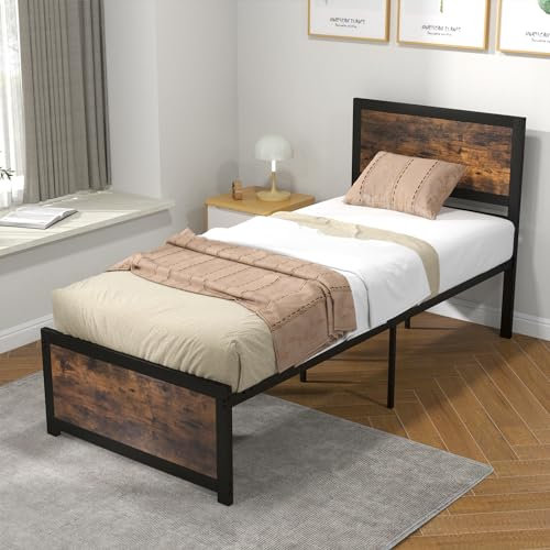 CASART Single Metal Bed Frame, 3FT Solid Bedstead Base Platform Bed with Headboard & Footboard, Underbed Storage Space, Industrial Slat Support Mattress Foundation, No Box Spring Needed