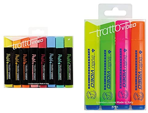 Tratto Video Pastel Evidenziatori Pastel, Multicolore, 8 Pezzi & Video Busta con 4 Evidenziatori