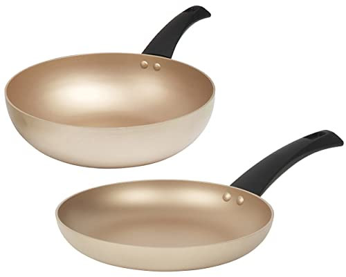 Salter COMBO-8231 Frying Pan & Stir Fry Set, Non-Stick Pans, Induction Hob Suitable, Aluminium Body, Easy Clean, Soft-Touch Handles, PFOA-Free, Olympus Collection, 24/28 cm, Gold