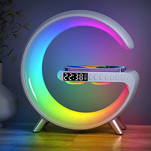 Smart Table Lamp with Bluetooth Speaker and Wireless Charging Function, RGB Colour Changing Table Lamp Atmosphere Lamp with Clock/Alarm, APP Control, Dimmable Bedside Lamp for Bedroom Living Room