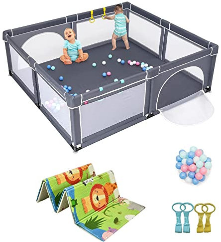 COSTWAY 206 x 186cm Baby Laufstall mit 50 Spielbällen, Laufgitter mit atmungsaktivem Netz & Reißverschluss, Krabbelgitter mit 2 Türen, Laufgitterzelt für Säuglinge & Kinder(Dunkelgrau, Grün Matratze)