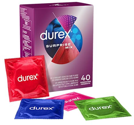 Durex Surprise Mix, Preservativi Assortiti, Profilattici Sottili e con Rilievi e Nervature, 40 Profilattici, Solo Online