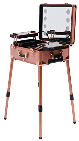 Valise de Maquillage à Roulettes avec Éclairage Miroir, Or Rose