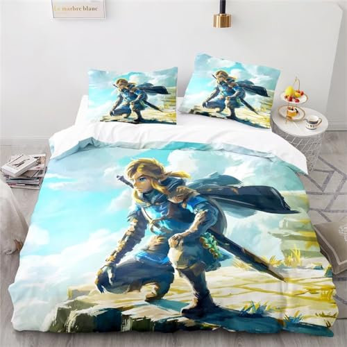 Tanacc 3D Drucken Zelda Bettwäsche Set 135x200,Microfaser Einzelbett 1 Bettbezug Mit Reißverschluss + 1 Kissenbezüge 80x80