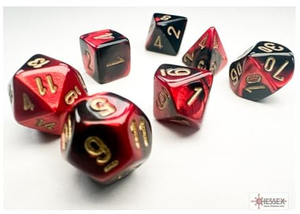Chessex Mini-Würfel mit goldfarbenen Zahlen, 10 mm, Schwarz und Rot, 7 Stück