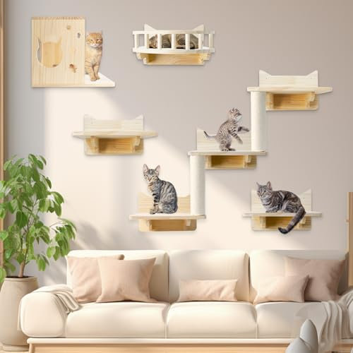 Étagères Murales pour Chat, Lot de 5 Ensemble de Meubles et Perchoirs d'escalade à Fixation Murale Intérieure pour Chat, Inclut Escalier, Perchoirs, Échelle en Sisal et Maison