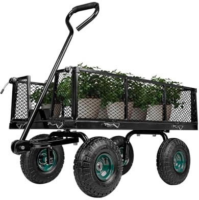 Taifa Heavy Duty Utility Steel Garden Cart 880 Lbs Capacity with Detachable Side Panels Convert to Flatbed for Yard Lawn and Farm, Metal Wagon with 180° Rotating Handle, Black