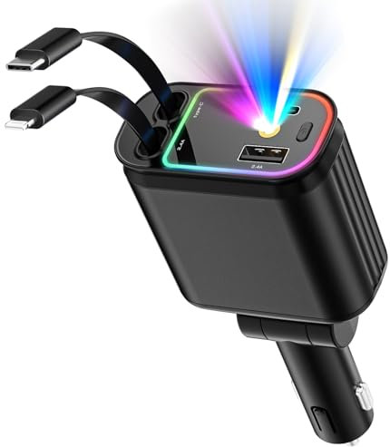 Ofottofo 4 en 1 Cargador de Coche Retráctil, 66W Cargador Coche Mechero Carga Rápida USB C, Tipo C y 2 Puertos USB Car Charger con Luz Estrella Compatible con Samsung Galaxy, iPhone, Xiaomi (Negro)