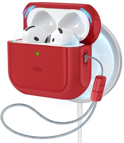 ESR for AirPods 4 Case, Compatible with AirPods 4th Generation Case (2024) (USB-C), Compatible with MagSafe, Drop Protection Cover with Lanyard, Magnetic Lid Lock, Orbit Hybrid Case, Red