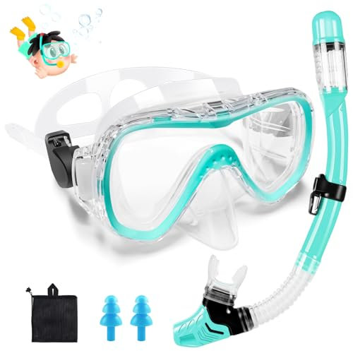 Zikenis Kinder Schnorchel-Set, 4-16 Jahre, 180° Panorama HD mit Dry Schnorchel, Kinder Schwimmbrille, Grün