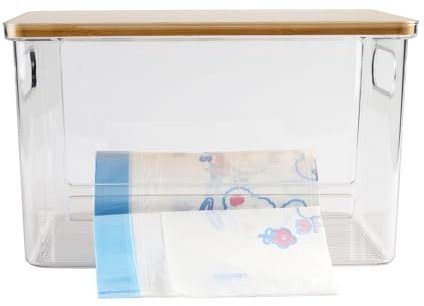 Distributeur de sacs poubelles - En acrylique - 28,4 x 19 x 17,8 cm - Avec couvercle en bambou - Extra large - Pour sacs poubelle et sacs de garbage - Organiseur sous meuble de cuisine/salle de bain