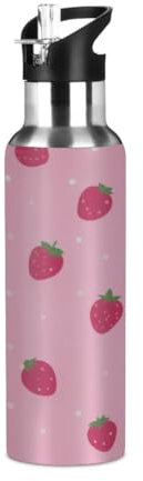 Mexpekil Pink Strawberries Water Bottle with Straw Summer Fruit Pattern Insulated Sports Stainless Steel Water Bottle Leakproof Drink Bottles for Kids Girls Boys School Running 600ml