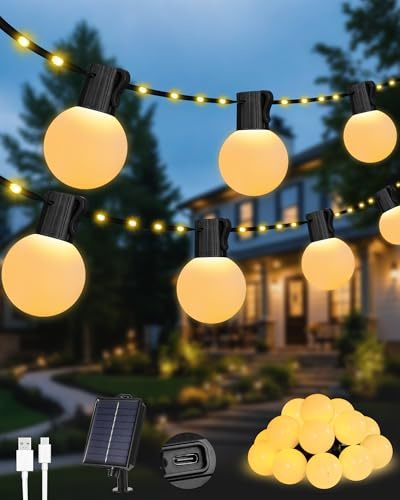 NWPUSZ Solar Garden String Lights Outdoor, 33Ft/10M 100LEDs Solar Powered Fairy Lights with 20 Shatterproof G40 Bulbs, 8 Modes Waterproof USB/Solar Festoon Lights for Fence Camping Decor (Warm White)