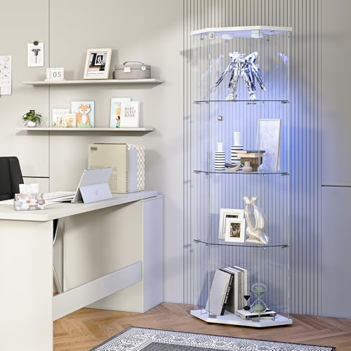 CXHLXYR Eckvitrine Glasvitrine mit LED,Vitrinenschrank mit Schloss,1 Tü,4 Etagen,Modern Glasvitrine Stehend für Sammlerstücke Bücher Wein,Glasvitrines Standvitrine für Wohnzimmer,weiß 162x60x35cm