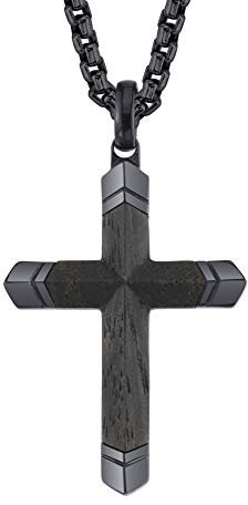Spartan Men’s Necklace Cross Pendant in Wooden Inlay with Stainless Steel