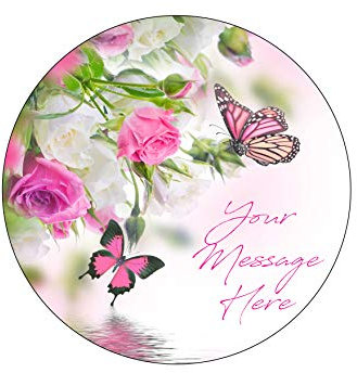 A4 Edible Decor Icing Sheet PERSONALISED PINK ROSE & BUTTERFLY Flower Ribbon 7-8 Circle Cake Topper Decoration - Great for larger cakes