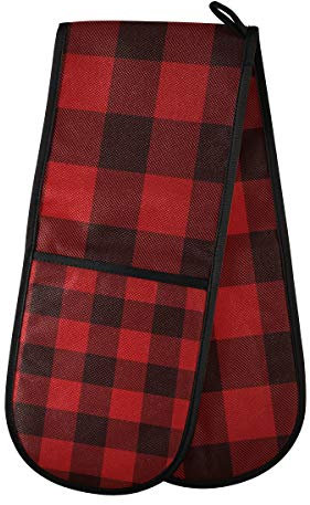 ZZXXB Red and Black Buffalo Plaid Double Oven Mitt Heat Resistant Non-Slip Kitchen Gloves Extra Long 7 x 35 for Cooking Baking Barbecue Grilling