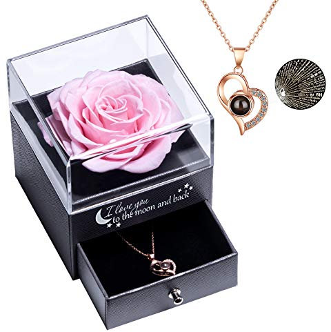 Real Preserved Rose with I Love You Necklace 100 Languages Jewelry Gift Box, Eternal Real Rose for Valentine's Day Mother's Day Wedding Anniversary Birthday Gift for Her, Pink