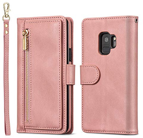 QLTYPRI Hülle für Samsung Galaxy S9, Premium Leder Handyhülle mit Große Kapazität Kartenfach Ständer Multifunktionale Schutzhülle Kompatibel mit Samsung Galaxy S9 - Rosegold