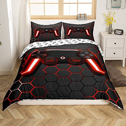 Gamer Bettwäsche Sets für Jungen,Gaming Bettbezug Set 135x200,Jungen Videospiel Trösterbezug,Geometrisches Wabenbett Set für Teenager Kinderzimmer,Gamepad Controller,2 Stücke mit 1 Kissenbezug