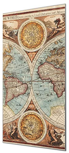 banjado Glas Magnettafel 50x100cm / Magnetwand Glas/Magnetpinnwand als Memoboard Glas/Pinnwand Magnettafel Küche, Büro, Kinderzimmer inkl. 4 Magnete & Montageset - Historische Weltkarte